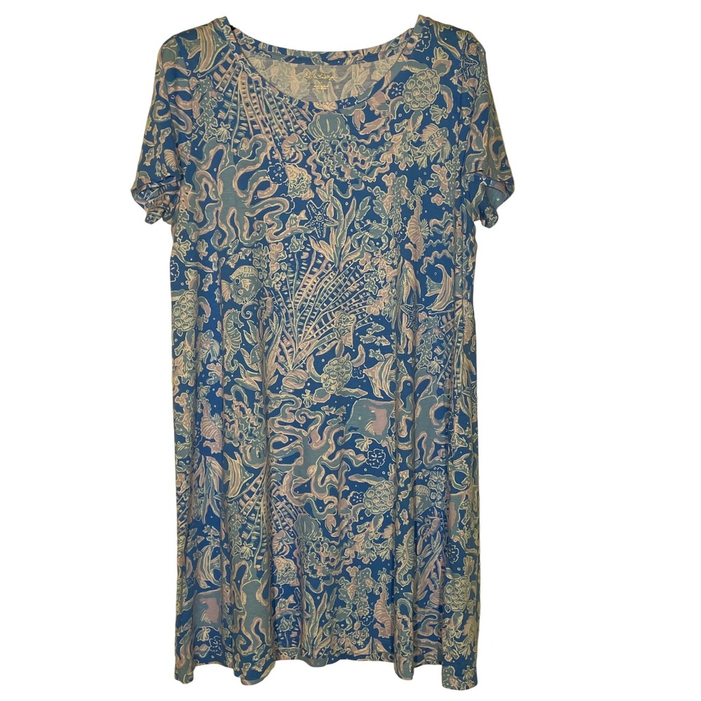 Lilly Pulitzer Cody T-Shirt Dress Sz XL Boca Blue Sea What I Sea Fish Coral